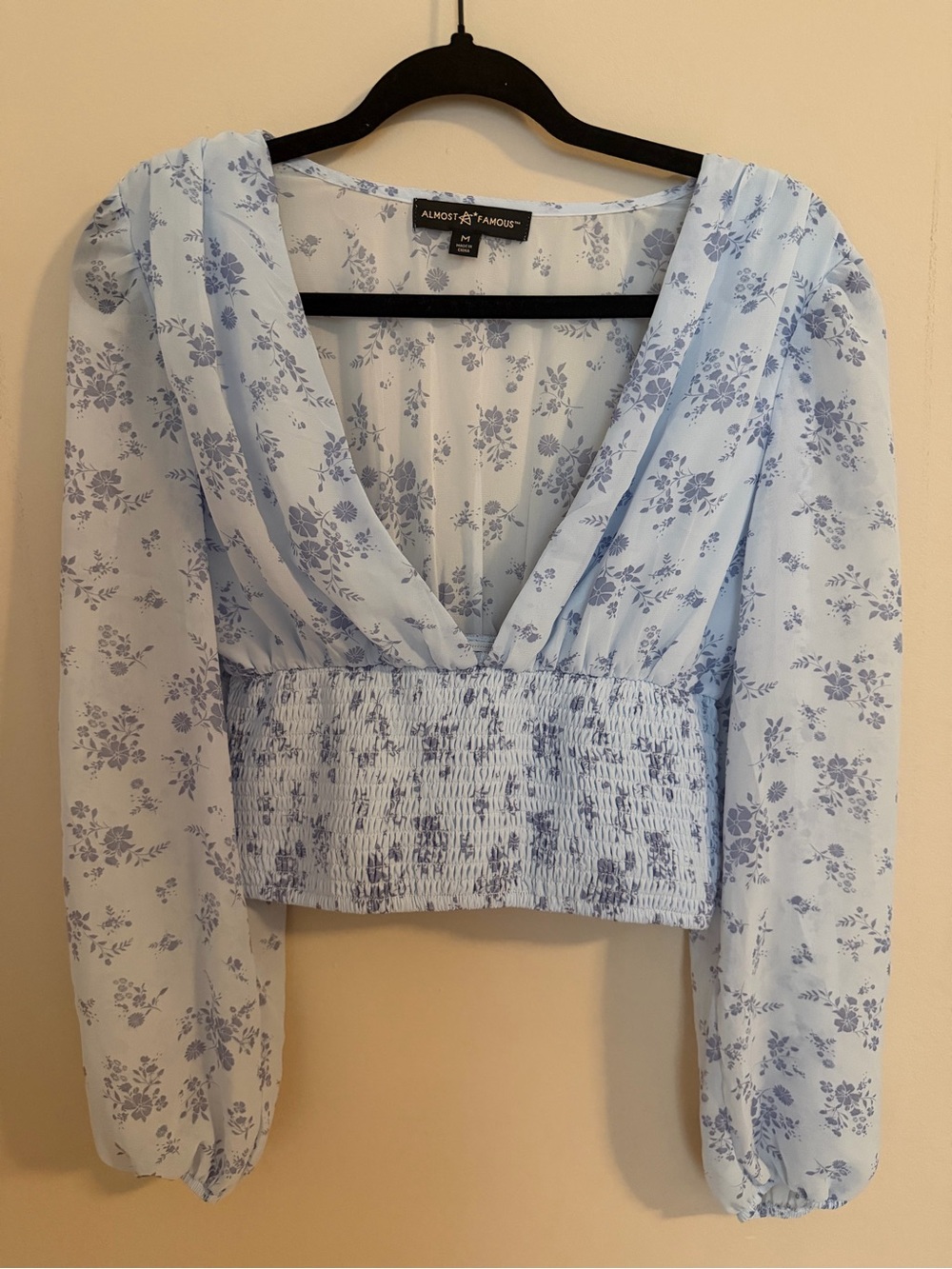 Almost Famous Light Blue Floral V-Neck Smocked Waist Blouse
